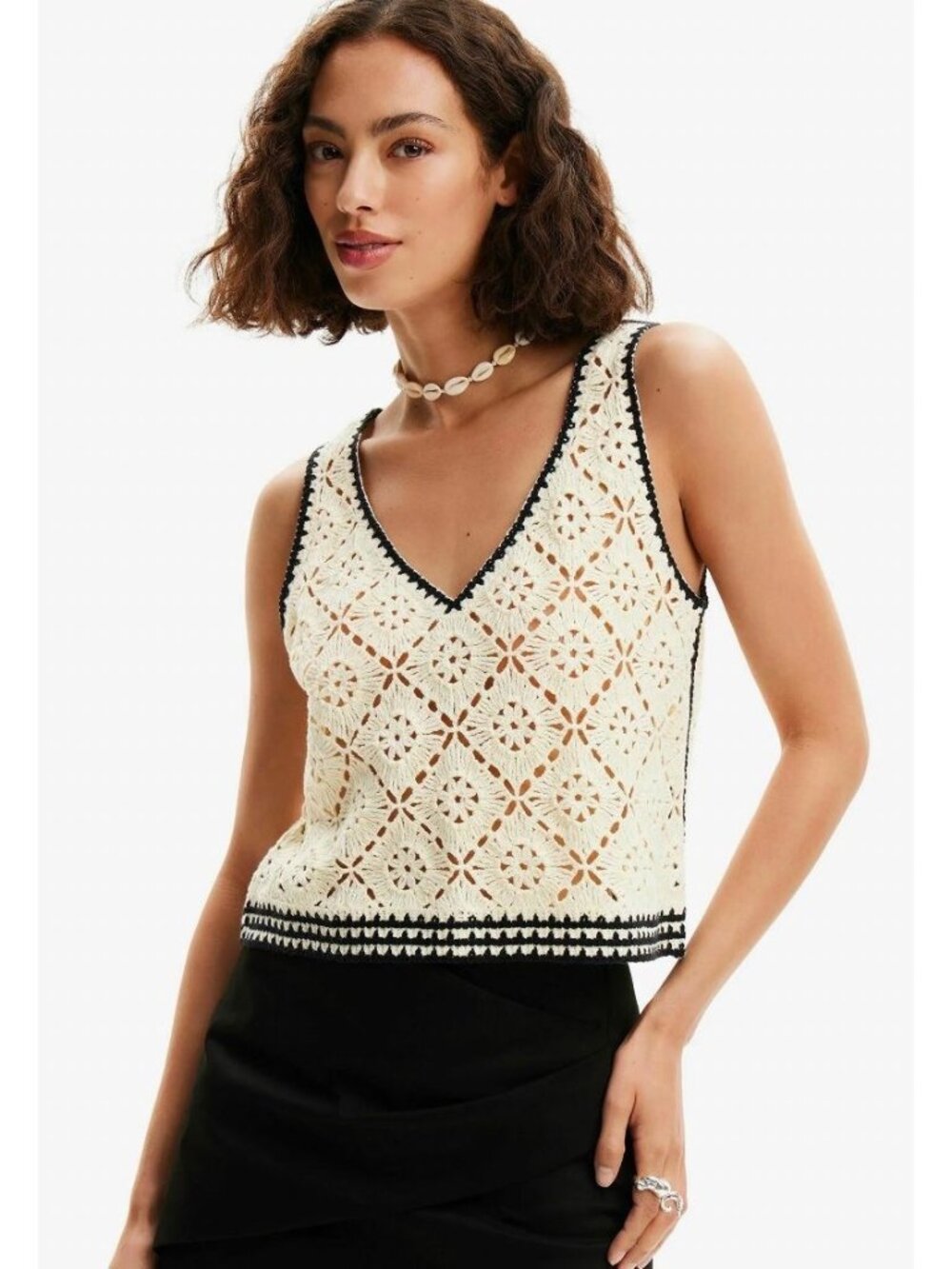 Desigual Women's Openwork Crochet Vest Top Bohemian Tank Size Large